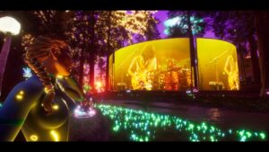 female avatar watching VR concert in Metaverse