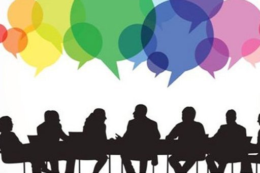 graphic of businessmen in a meeting with speech bubbles
